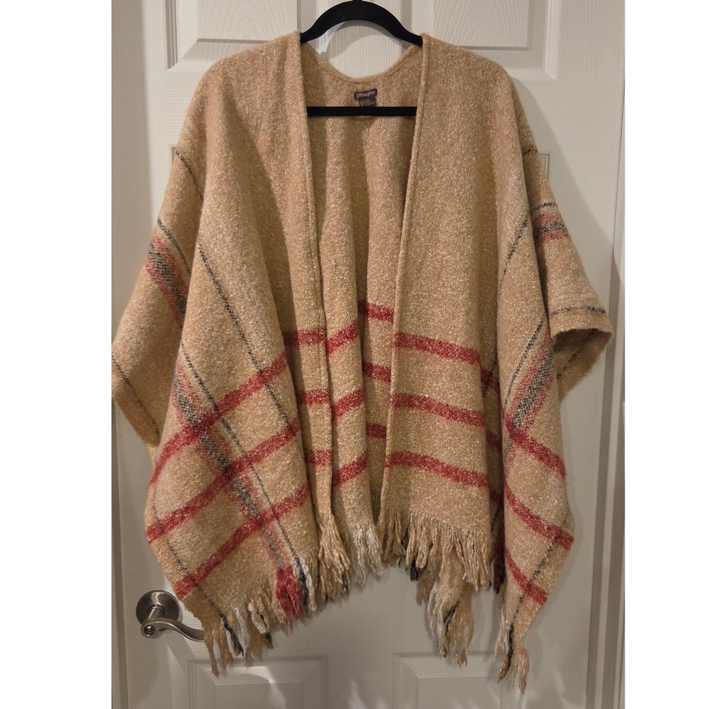 J McLaughlin 100% Wool Plaid Poncho Cape Tan Red Fringe Equestrian Preppy